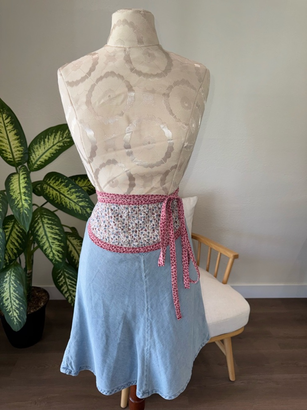 BDG Light Blue Denim A-Line Y2K VTG 100% Cotton Quilted Floral Waistband Skirt 5